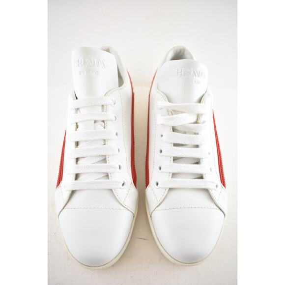 Prada Band White Red Stripe Logo Lace Up Tie Flat Low Top Trainer Sneaker 36.5 - Picture 8 of 16